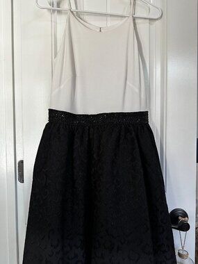 Calvin Klein Ivory and Black Fit-Flare Dress Beaded Sequin Waist Jacquard Skirt